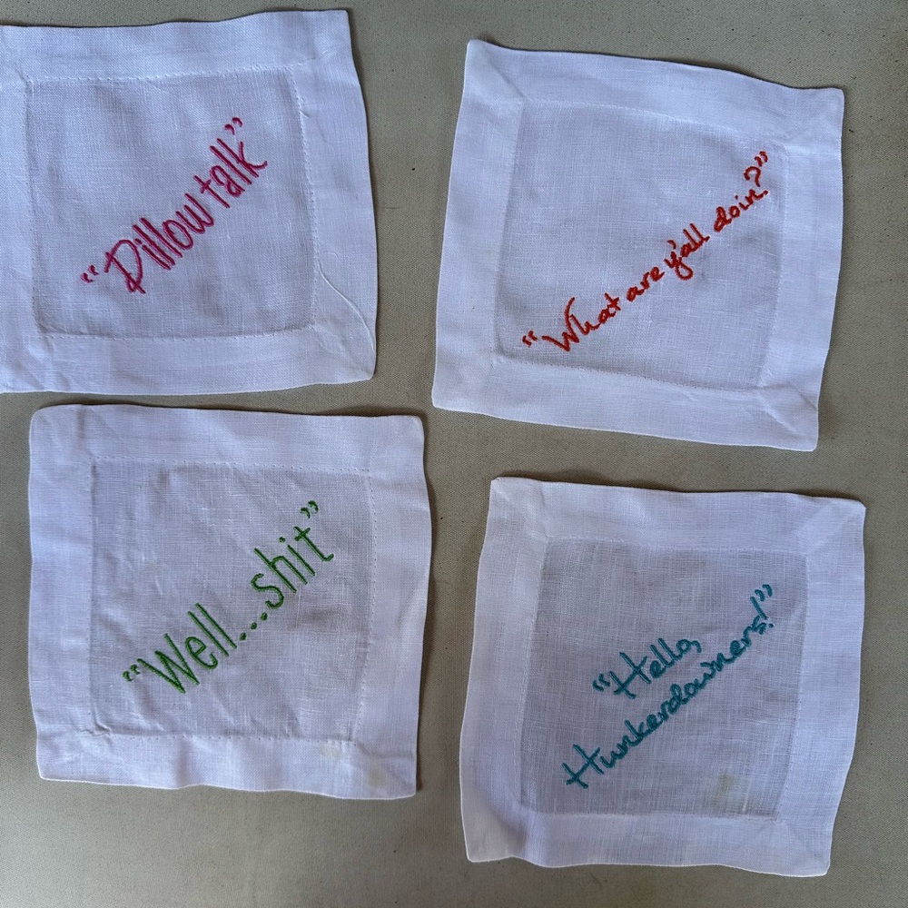 Cocktail napkins from Leslie Jordan’s pandemic Instagram posts.  4 napkins.